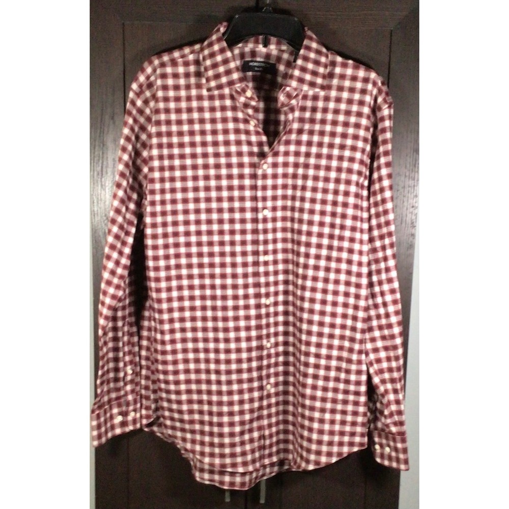 Nordstrom Trim Fit Mens Burgundy Gingham Plaid Long Sleeve Dress Shirt Office